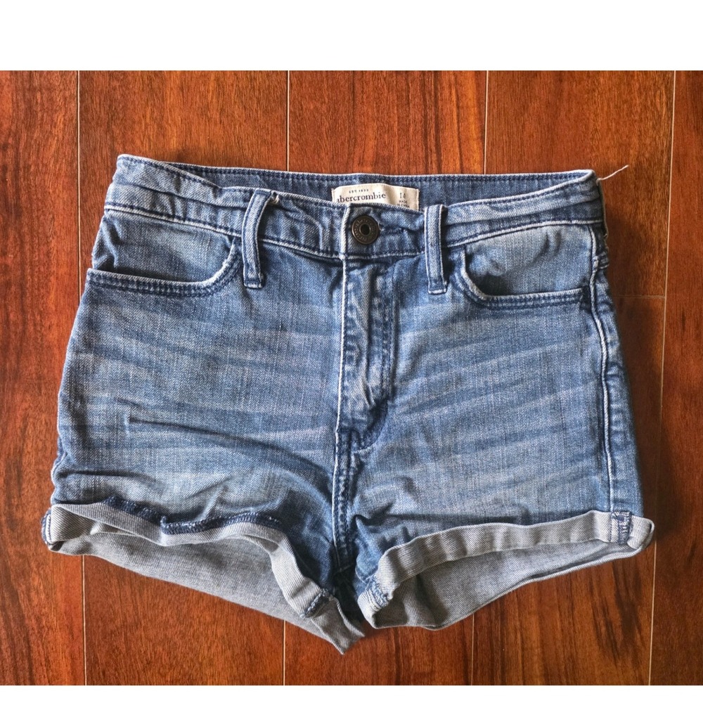 Abercrombie Kids Girls Blue Denim Shorts Sz 14 Medium Wash Rolled Cuff High Rise